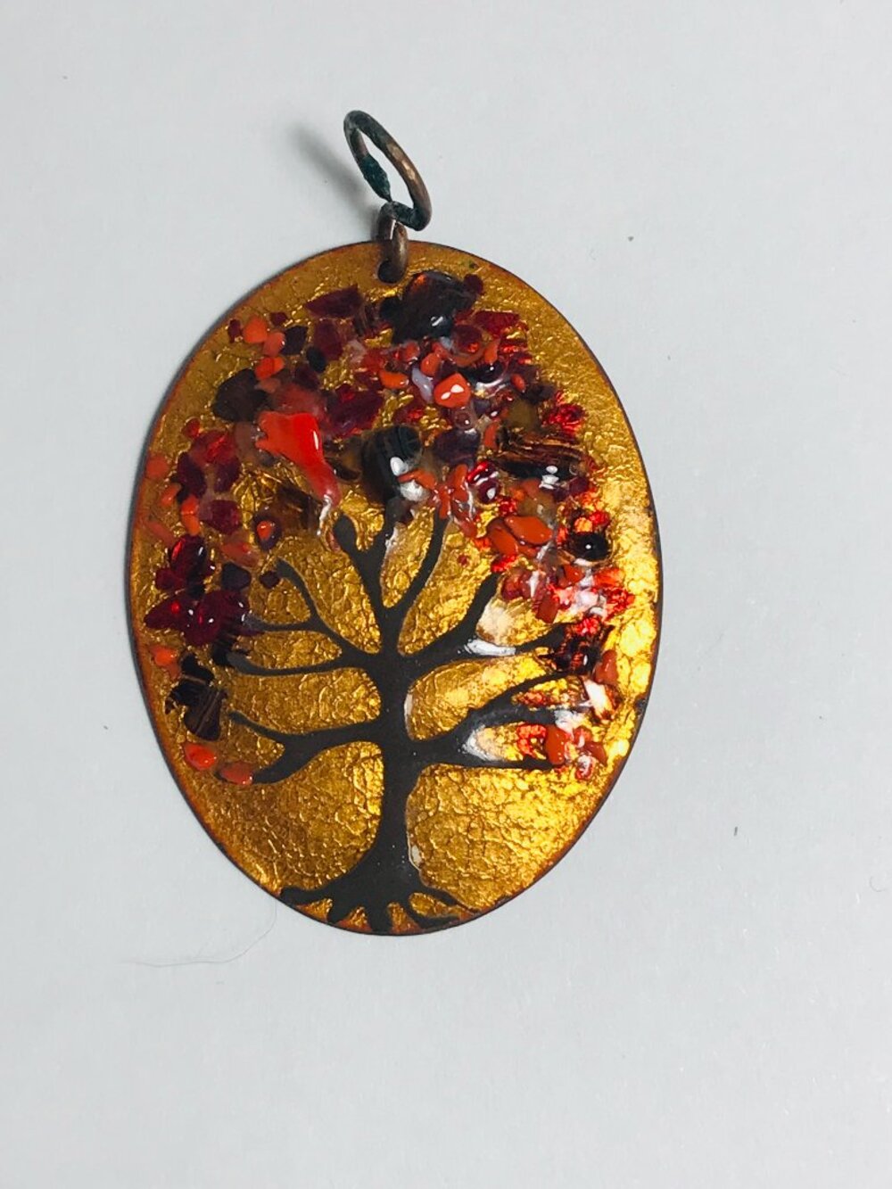 Vintage Enamel and Copper Tree of Life Pendant Oval Fall Foliage Colors